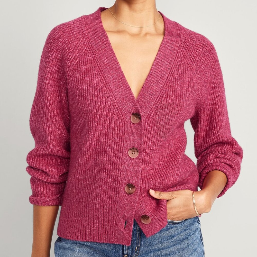 OLD NAVY Shaker Stitch Cardigan Sweater Magenta / Berry Pink Chunky Knit Relaxed